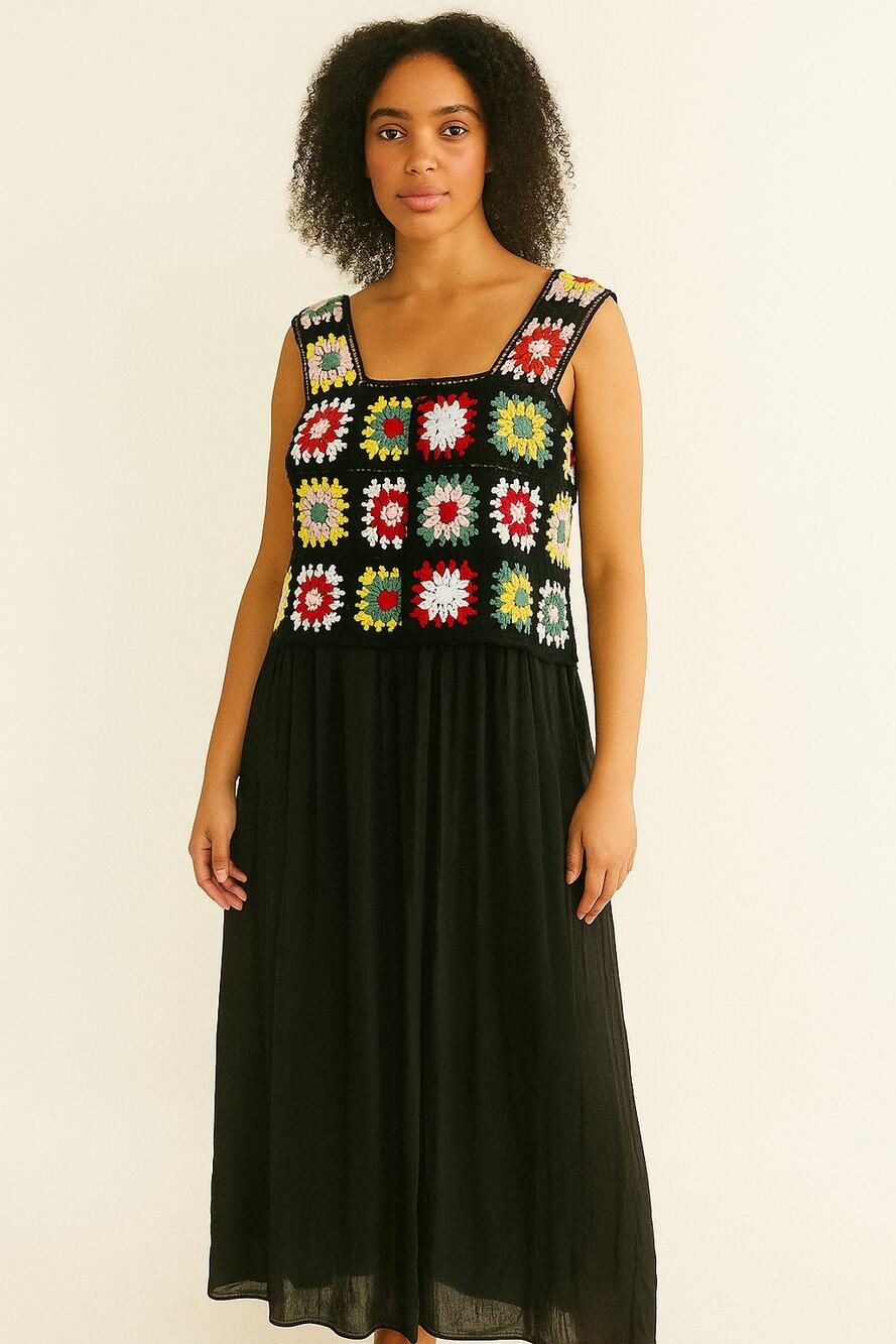 Vtg 70 Crochet granny Square top tiered black long Dress Boho, retro Y2k Sz XL